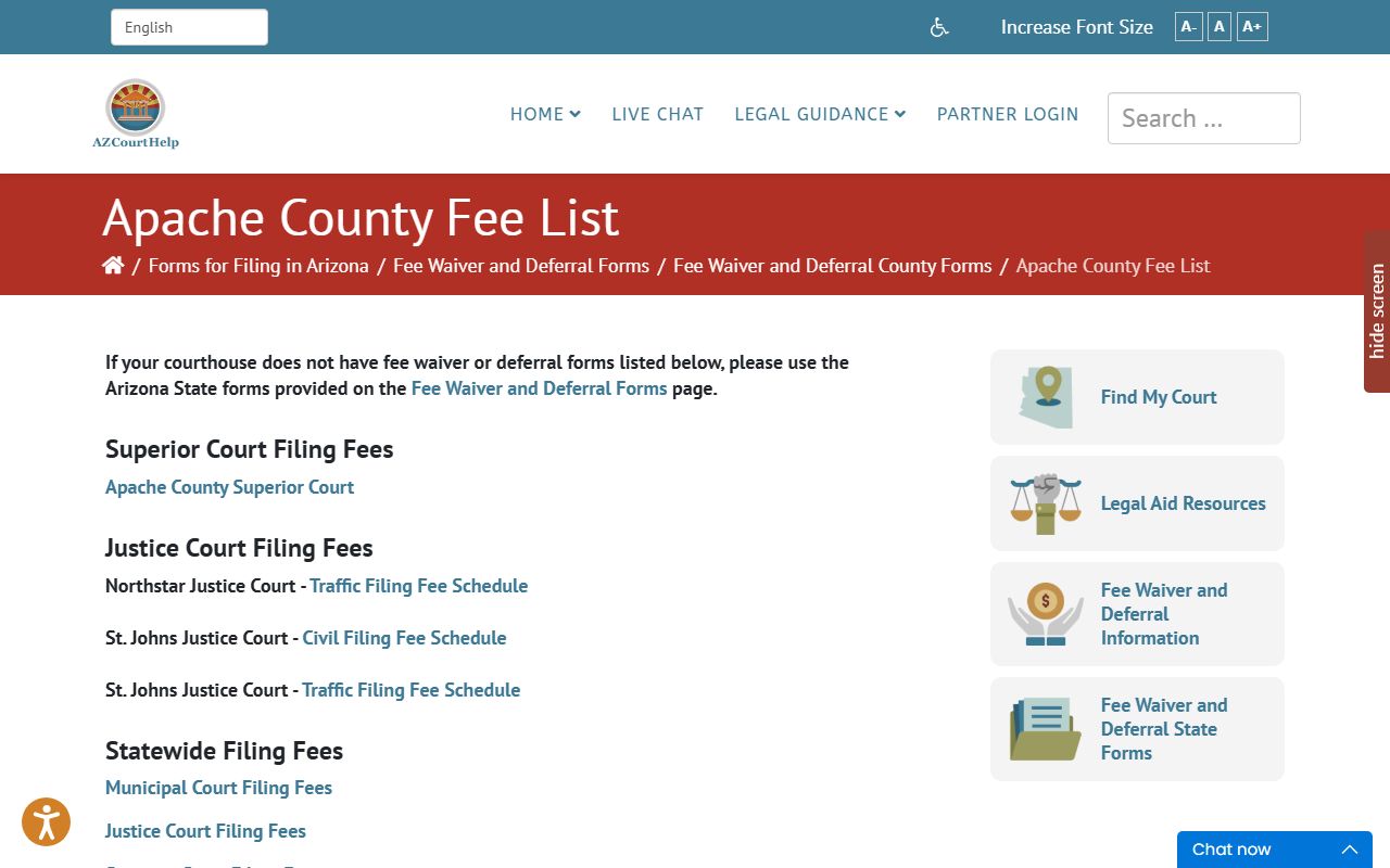 Apache County Superior Court fee information