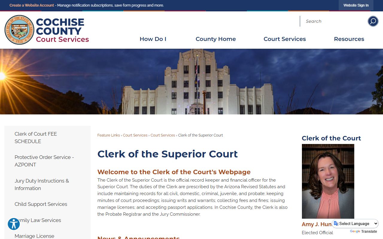 Cochise County Clerk of Superior Court main contact page
