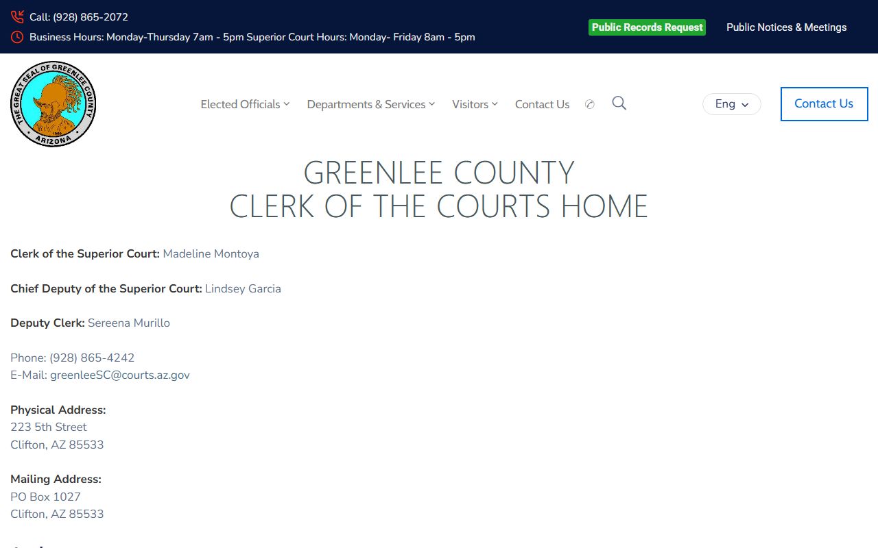 Greenlee County Clerk of Courts contact information