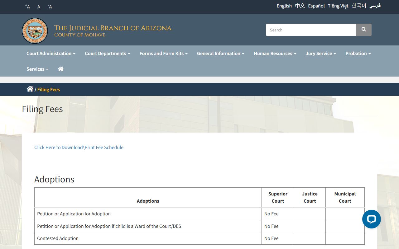 Mohave County Superior Court filing fee schedule