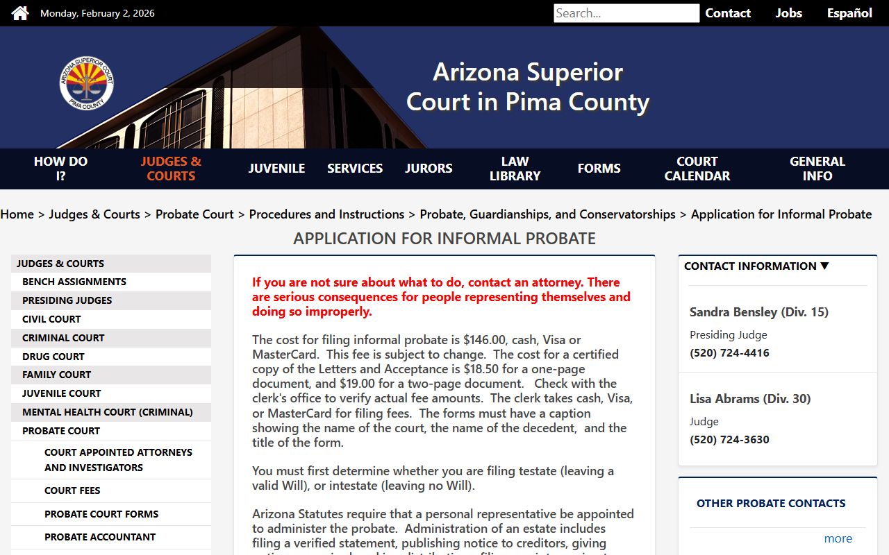 Pima County informal probate filing instructions and fees