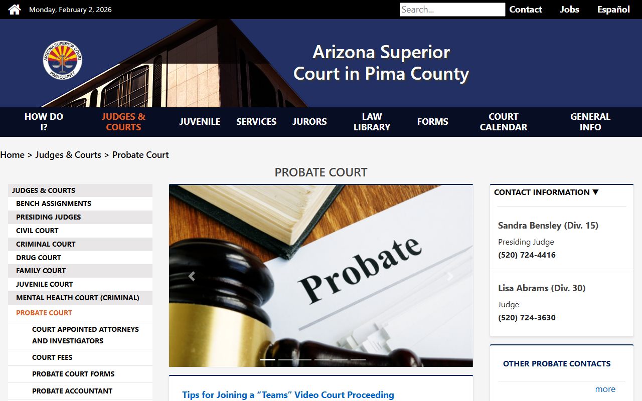Pima County Superior Court probate court main page
