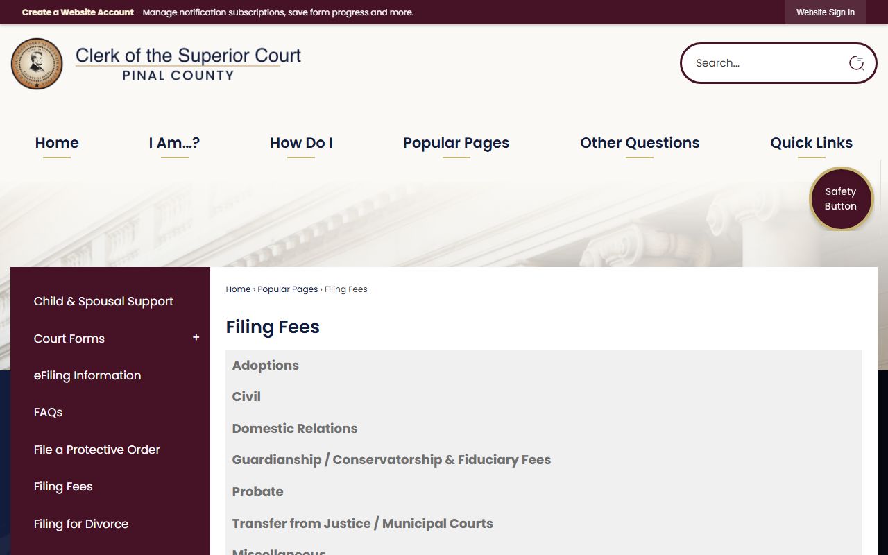Pinal County Superior Court filing fee schedule