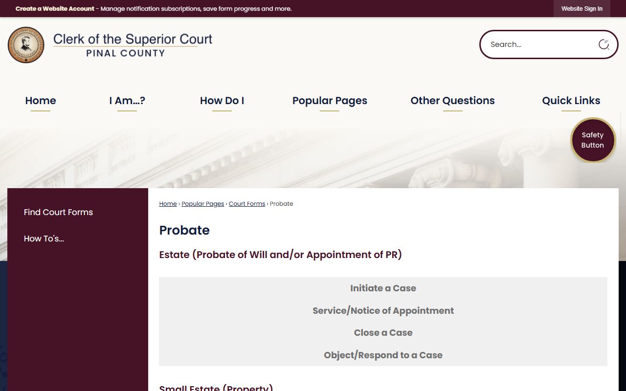 Pinal County Clerk of Superior Court probate forms and instructions