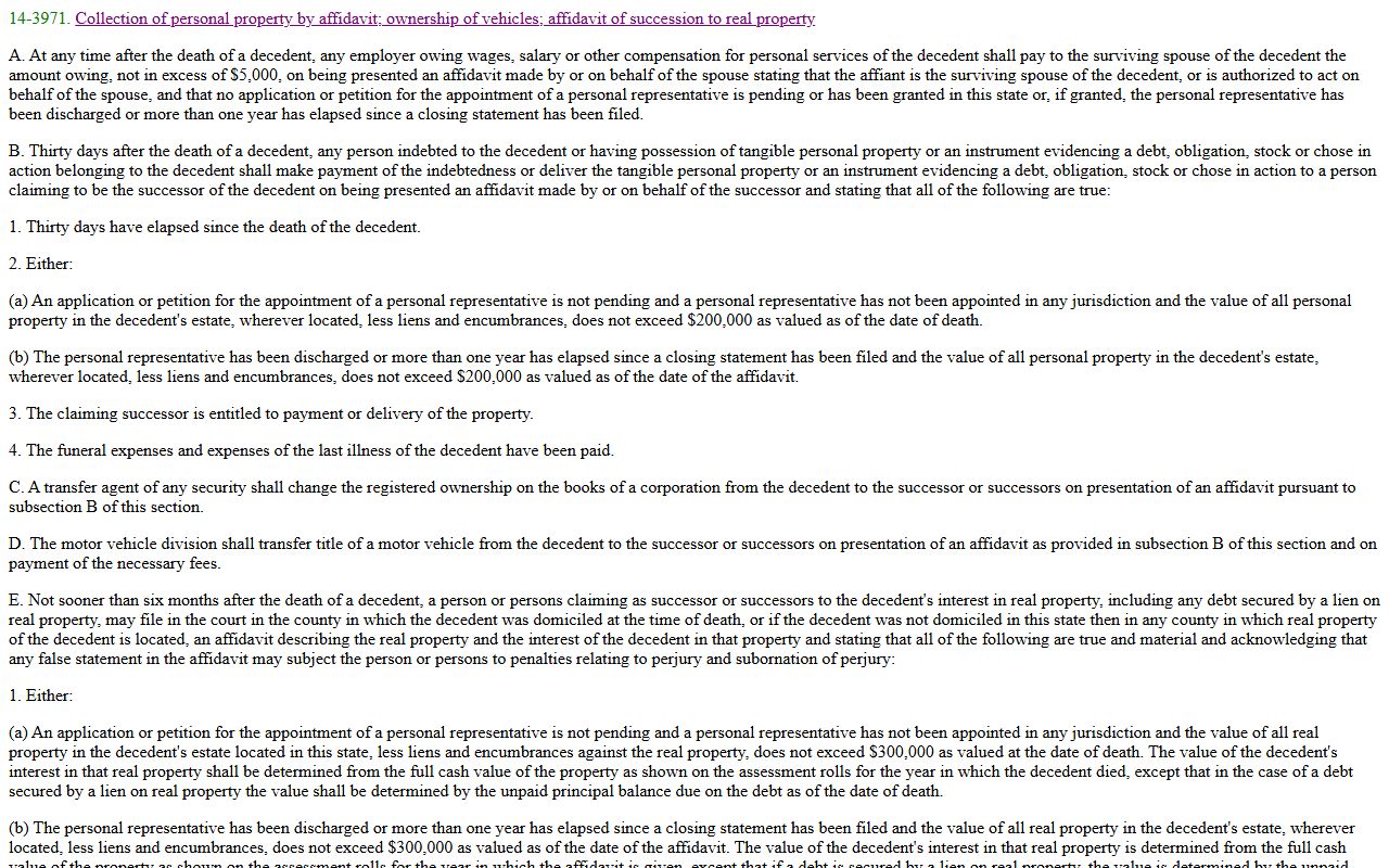 Arizona Revised Statutes Section 14-3971 showing small estate thresholds