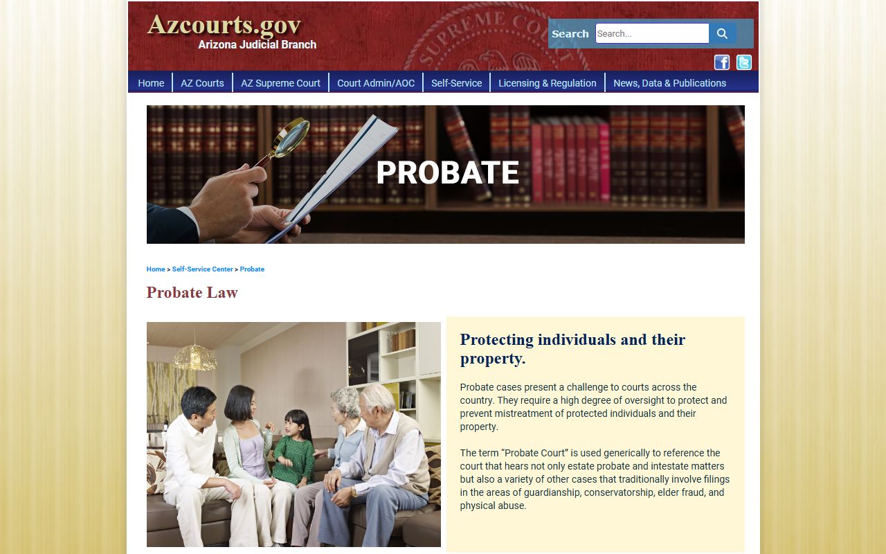Arizona Judicial Branch main probate portal showing case types and resources