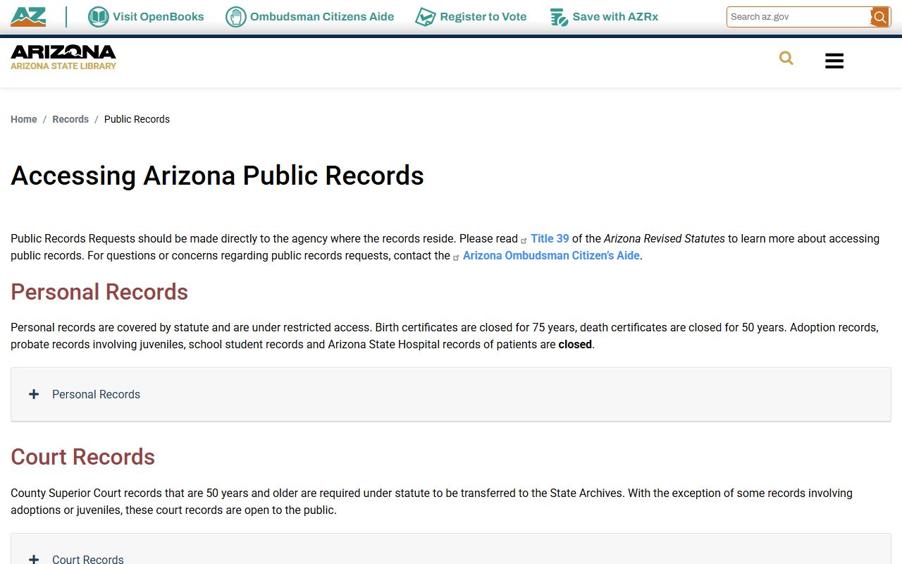 Arizona State Archives public records information