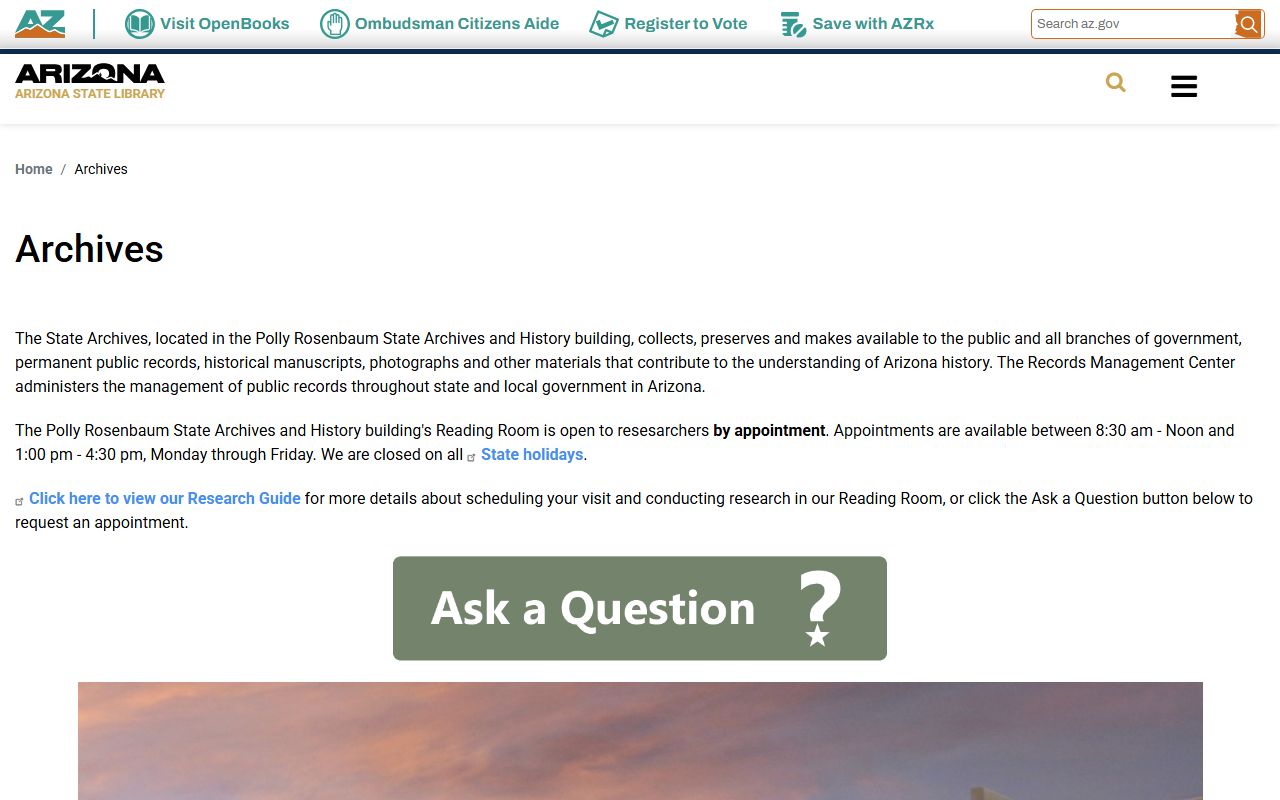 Arizona State Archives main page for historical records