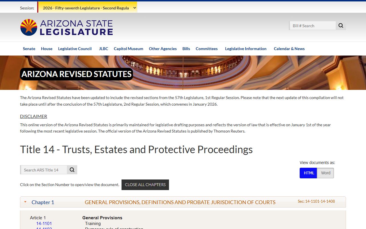 Arizona Title 14 index page covering probate and trust law